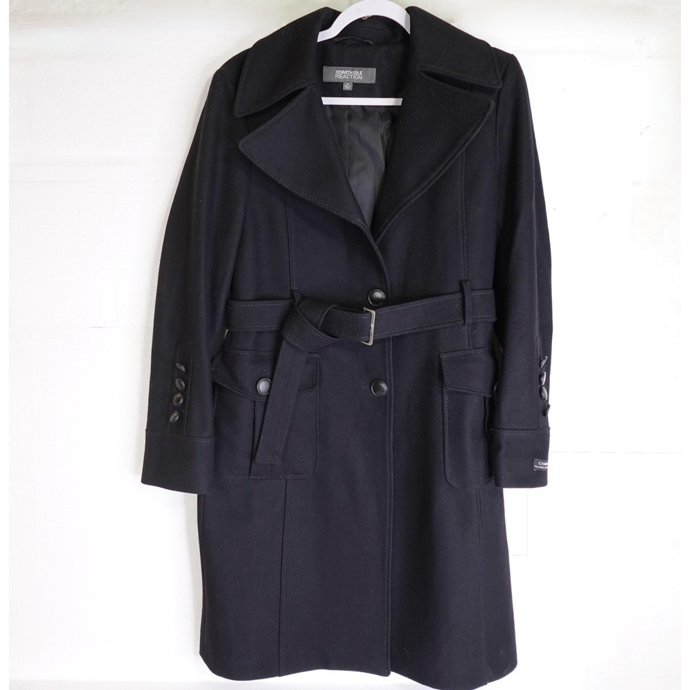 Kenneth Cole Reaction Coat Womens 14 Black Wool Cashmere Belted Button Pockets